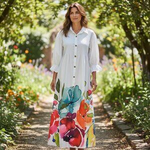 White Shirt Dress with Bright Watercolor Flowers Summer L #290G